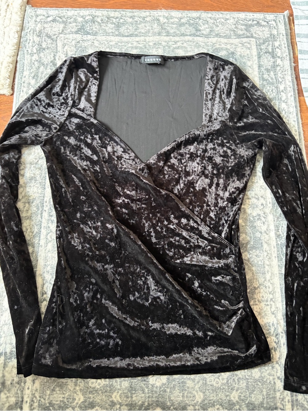 Trouve Black Crushed Velvet Wrap-Style Long Sleeve Top